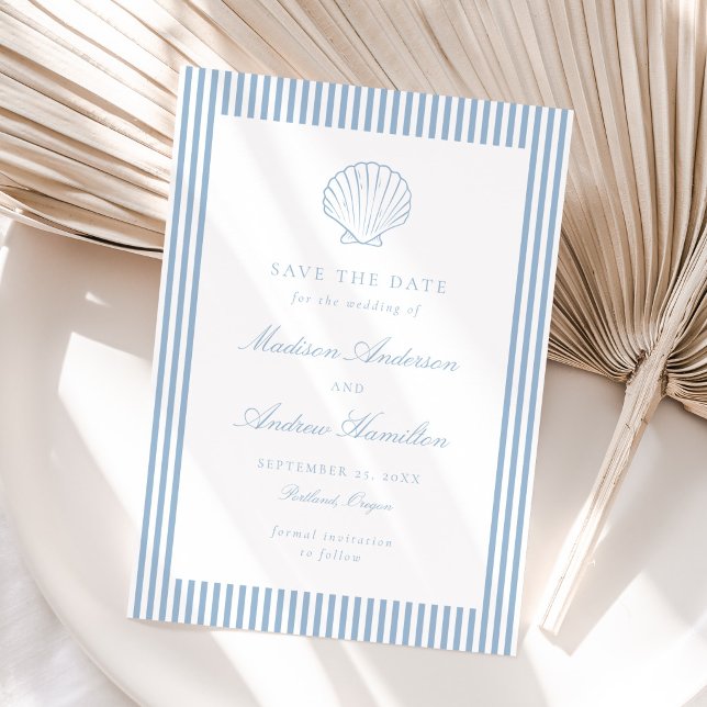Dusty Blue Stripe Shell Wedding Save the Date (Créateur téléchargé)