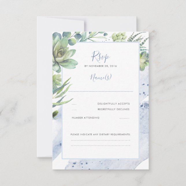 Dusty Blue Succulents Verdure Mariage RSVP (Devant)