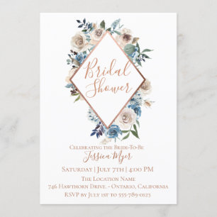 Dusty Blue Taupe Floral Bridal Shower Invitation
