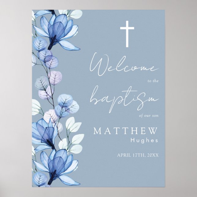 Dusty Blue Transparent Floral Baptism Affiche de b (Devant)