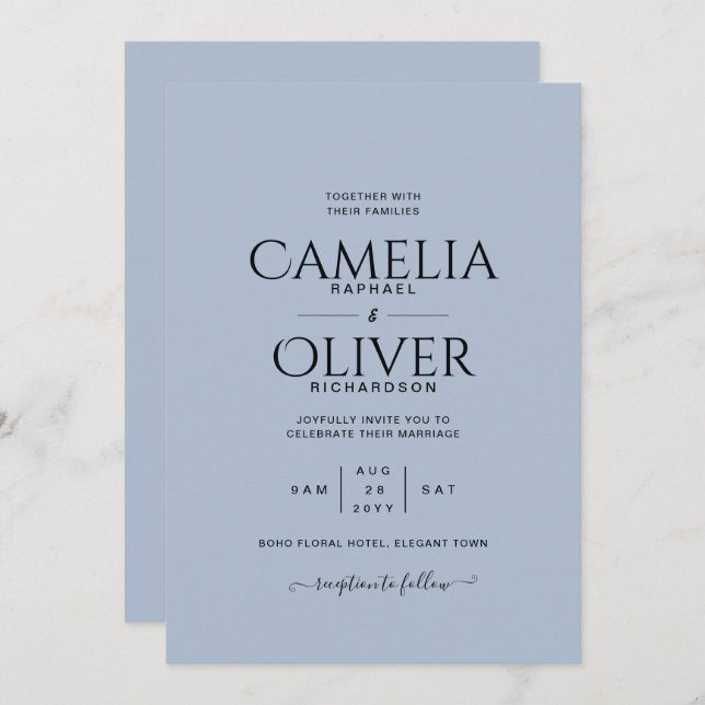 Dusty Blue Typographie uniquement Faire-part de ma (Devant / Derrière)