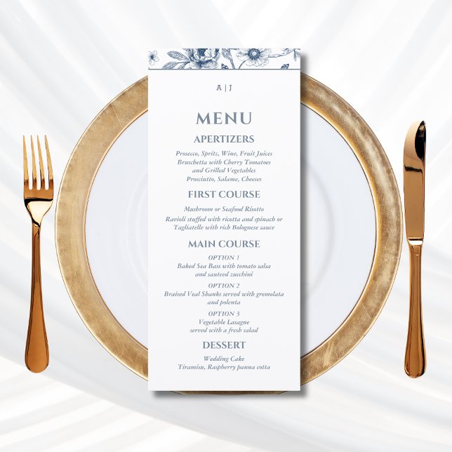 Dusty Blue Vintage Floral French Wedding Menu (Créateur téléchargé)