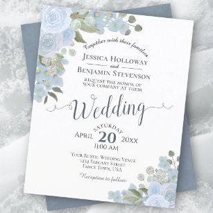 Dusty Blue Watercolor Floral BUDGET Mariage Invite