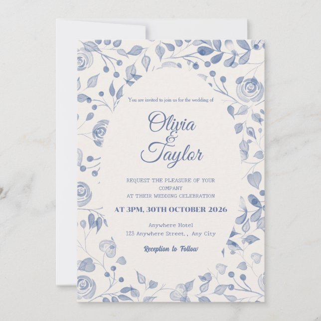 Dusty Blue Watercolor Floral Wedding Invitation (Devant)