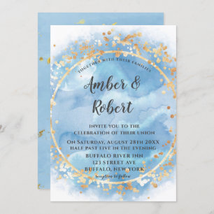 Dusty Blue Watercolor Gold Wedding Invitations