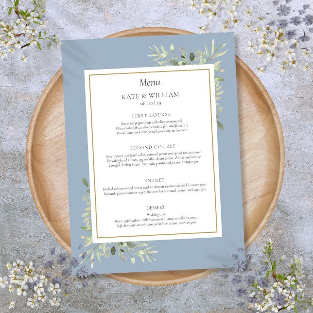 Dusty Blue Watercolor Vert Mariage Dîner Menu (Dusty Blue Watercolor Greenery Wedding Dinner Menu)