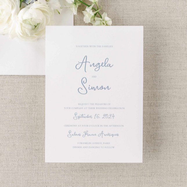 Dusty Blue Whimsical Bow Cherub Faire-part de mari (dusty blue wedding invitation, vintage french inspired hand written cherub bow illustrated)