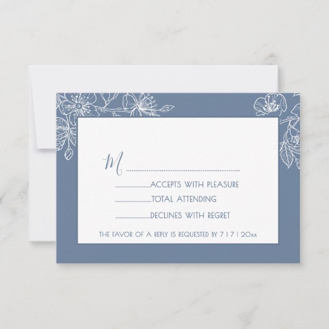  Dusty Blue White Floral Line Art RSVP (Devant)