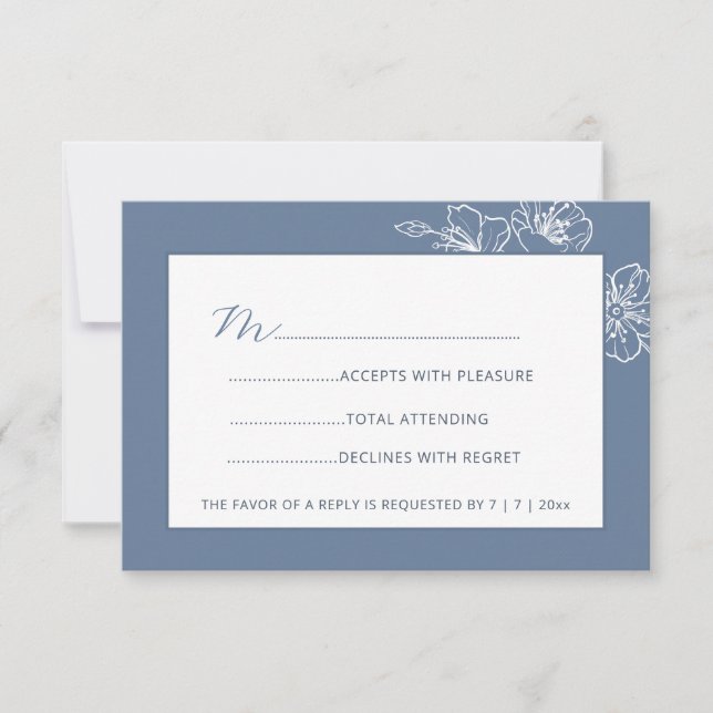  Dusty Blue White Floral Line Art RSVP (Devant)