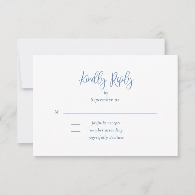 Dusty Blue White Script Fleur sauvage mariage RSVP (Devant)