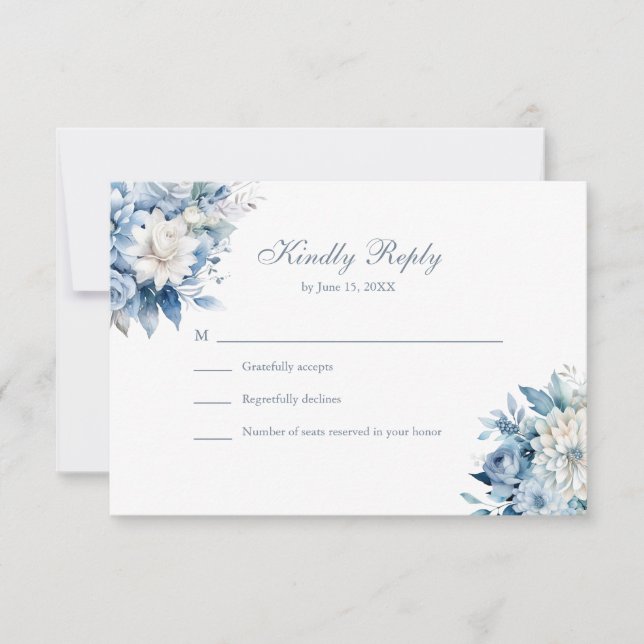 Dusty Blue Wildflower Wedding RSVP White Back (Devant)