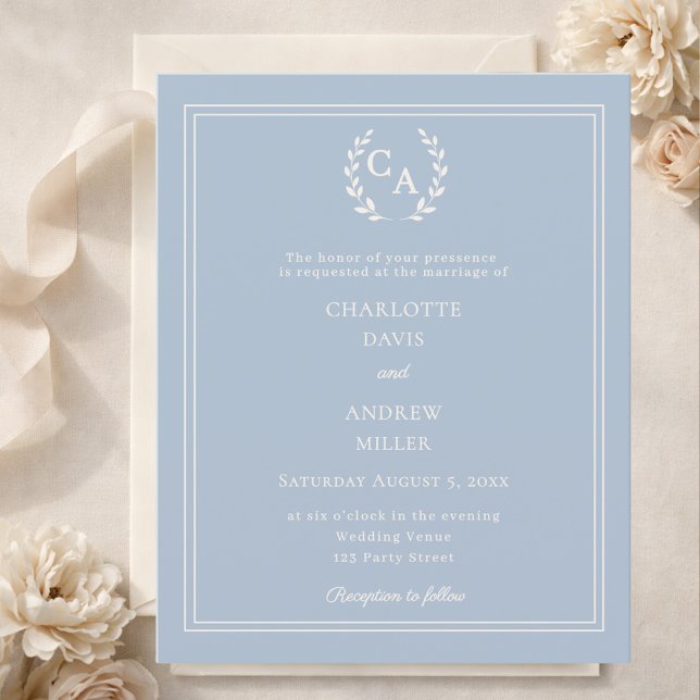 Dusty blue wreath monogram wedding invitation (Créateur téléchargé)