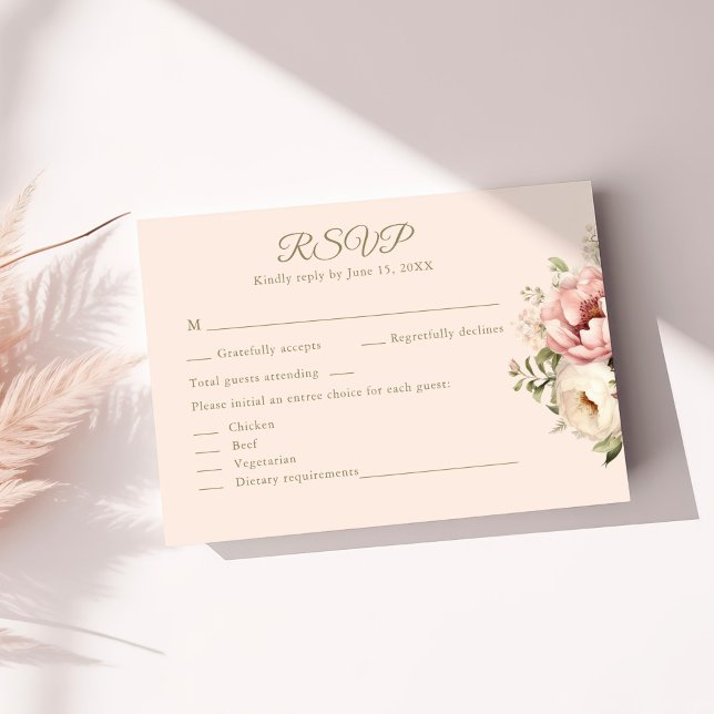 Dusty Blush Floral Wedding RSVP Card (Dusty Blush Floral Wedding RSVP Card on a sunny table with neutral dry botanicals)
