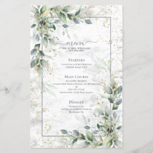 Dusty Botanical Greenery Gold Marble Mariage Menu