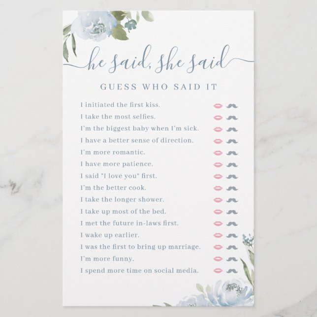 Dusty Floral Il a dit Elle a dit nuptiale douche j (Devant)