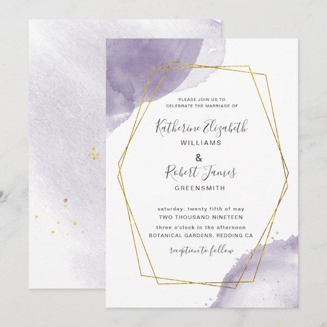 Dusty Gold Elegant Faire-part de mariage violet (Devant / Derrière)