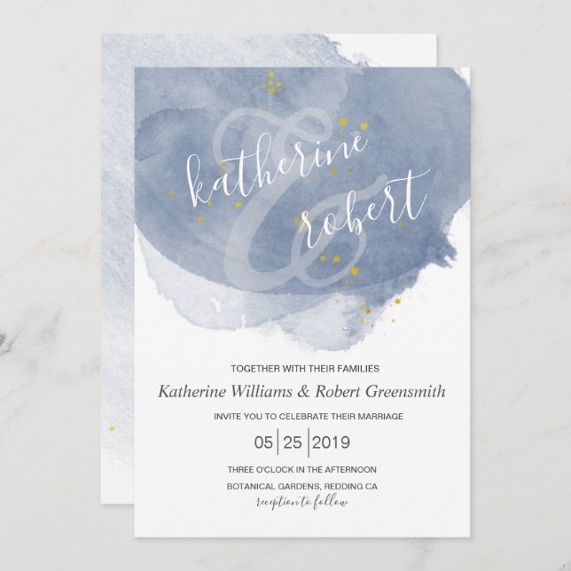 Dusty Gold et Blue Elegant Wedding Invitation (Devant / Derrière)