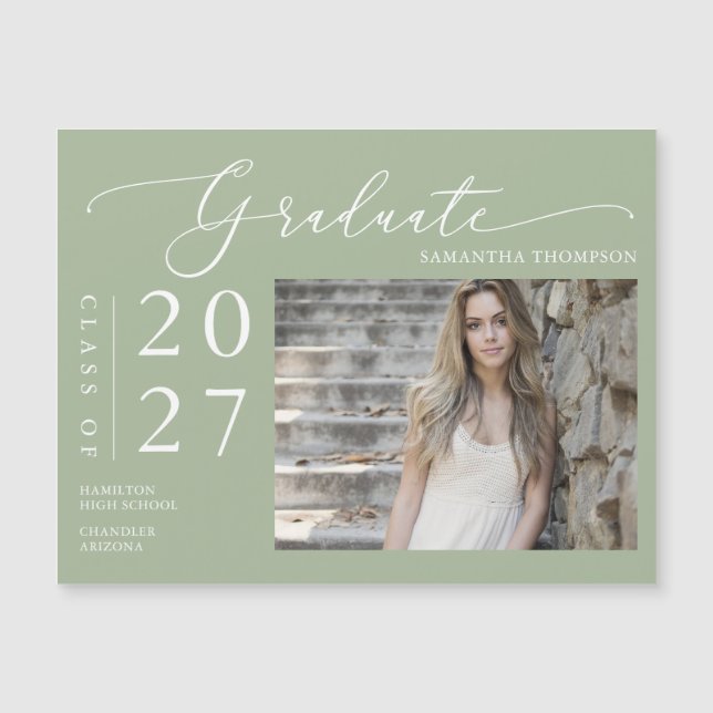 Dusty Green Script School Graduate Photo Magnet (Devant)