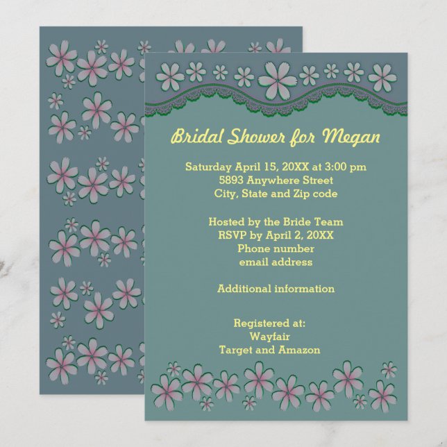 Dusty Green Six Petal Fête des mariées Invitation (Devant / Derrière)
