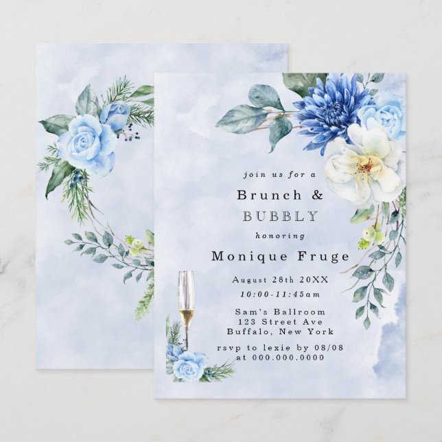 Dusty Navy Blue Floral Brunch & Bubbly Invitations (Devant / Derrière)