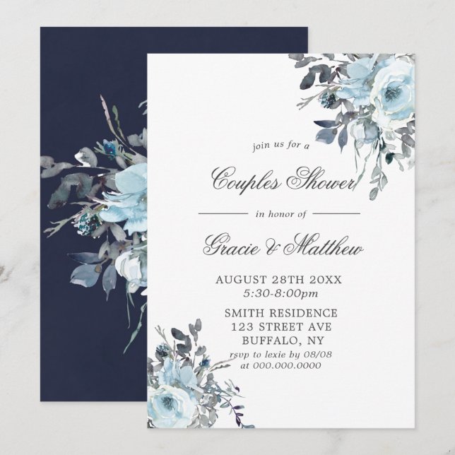 Dusty Navy Blue Peony Couples Invitations de douch (Devant / Derrière)