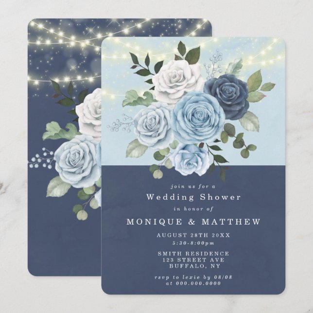 Dusty Navy Blue Peony Lights Wedding shower Invita (Devant / Derrière)