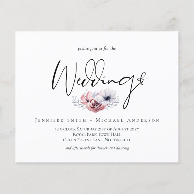 Dusty Navy Coral Bleu Flore Script Mariage Inviter (Devant)