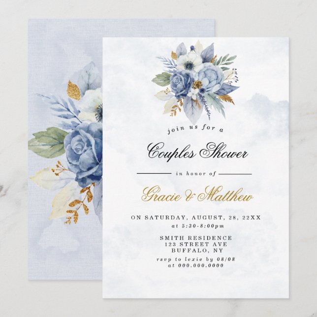 Dusty Navy Gold Peony Chic Couples Invitations de  (Devant / Derrière)