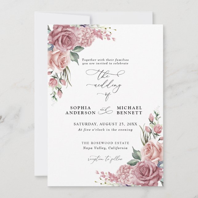 Dusty Pink Floral Wedding Invitation (Devant)