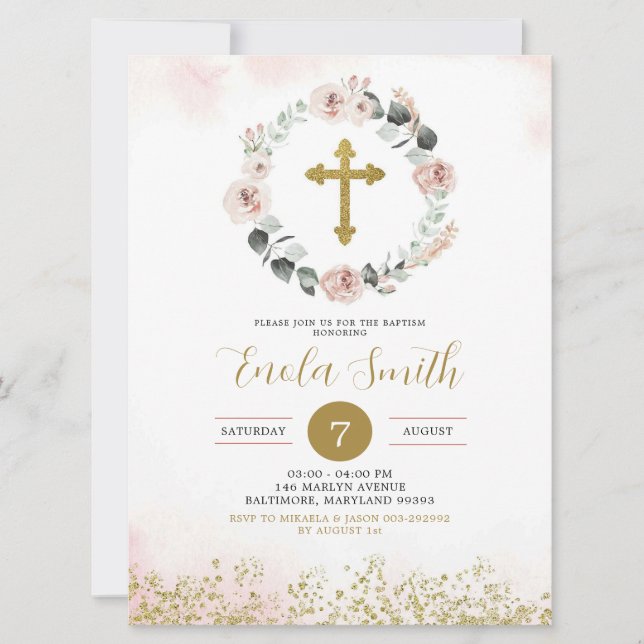 Dusty Pink Gold Cross Girl Baptism Invitation (Devant)