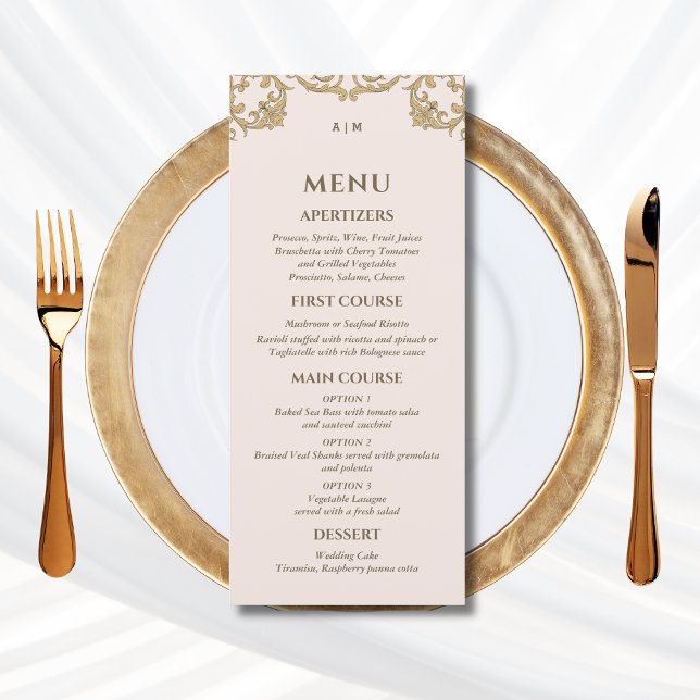Dusty Pink Monogram Baroque Christian Wedding Menu (Créateur téléchargé)