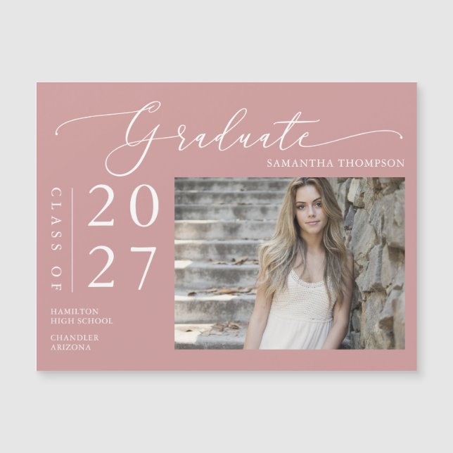 Dusty Pink Script School Graduate Photo Magnet (Devant)