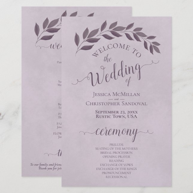 Dusty Purple Feuille Programme de mariage budgétai (Devant / Derrière)