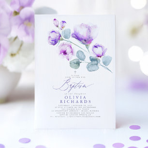 Dusty Purple Fleurs Baptême Invitation