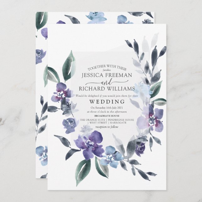 Dusty Purple Floral Garden Invitation de mariage, (Devant / Derrière)