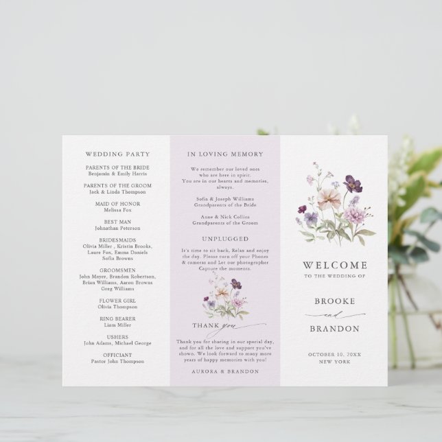 Dusty Purple Lavender Fleur sauvage Wedding Progra (Debout devant)