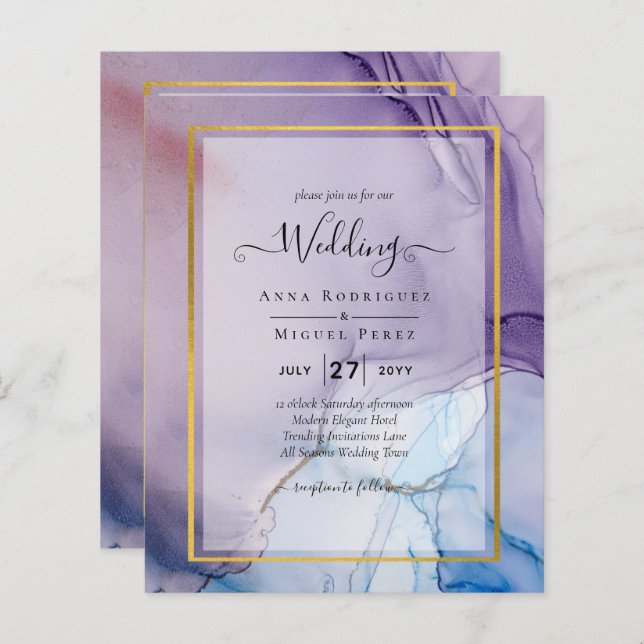 Dusty Purple Navy Blue Gold INK Wedding INVITE (Devant / Derrière)
