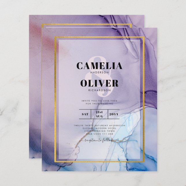Dusty Purple Navy Blue Gold INK Wedding INVITE (Devant / Derrière)