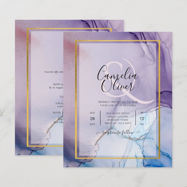 Dusty Purple Navy Blue Gold INK Wedding INVITE (Devant / Derrière)