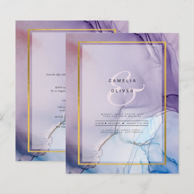 Dusty Purple Navy Blue Gold INK Wedding INVITE (Devant / Derrière)