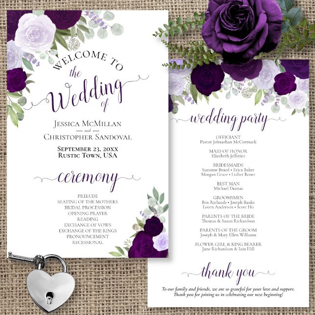 Dusty Purple & Plum Floral Budget Wedding Programm (In Situ Front and Back)