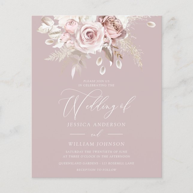 Dusty Rose Blush Floral Budget Faire-part de maria (Devant)