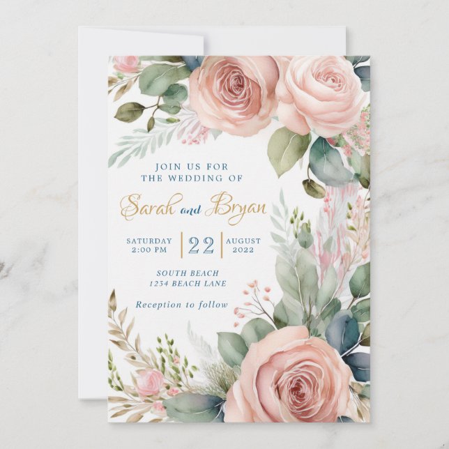 Dusty Rose Boho Faire-part de mariage verdoyant (Devant)