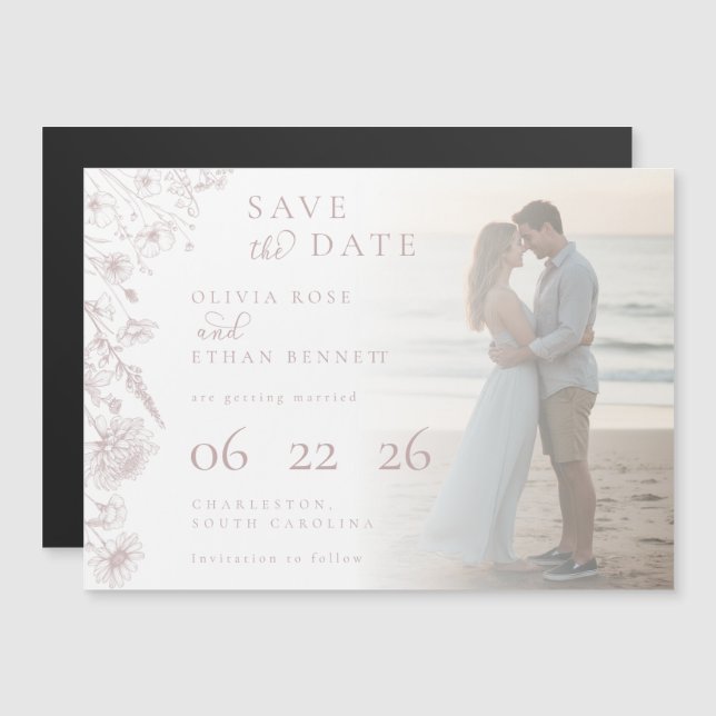 Dusty Rose Botanical Photo Wedding Save the Date (Devant / Derrière)