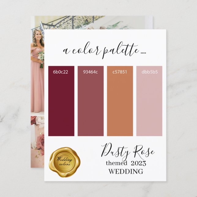 Dusty Rose couleurs Mariage Palette Card 2023 (Devant / Derrière)