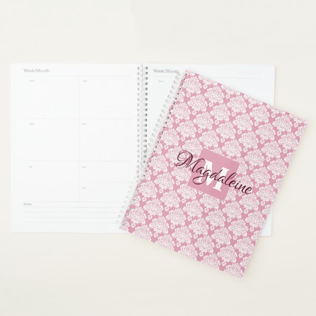 Dusty Rose Damask Planner avec Monogramme & Nom (Devant avec enveloppe)
