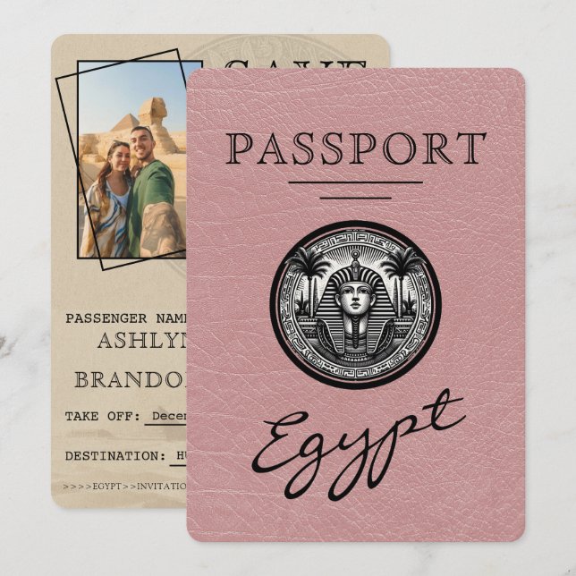 Dusty Rose Egypt Passport Wedding Save the Date (Devant / Derrière)