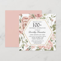 Dusty Rose Floral 100e Invitation anniversaire