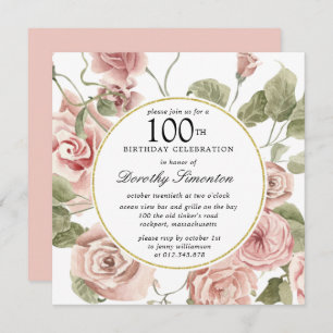 Dusty Rose Floral 100e Invitation anniversaire