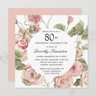 Dusty Rose Floral 80e Invitation anniversaire